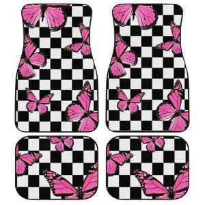 Pink Butterfly Car Floor Mats Custom Checkerboard Car Accessories