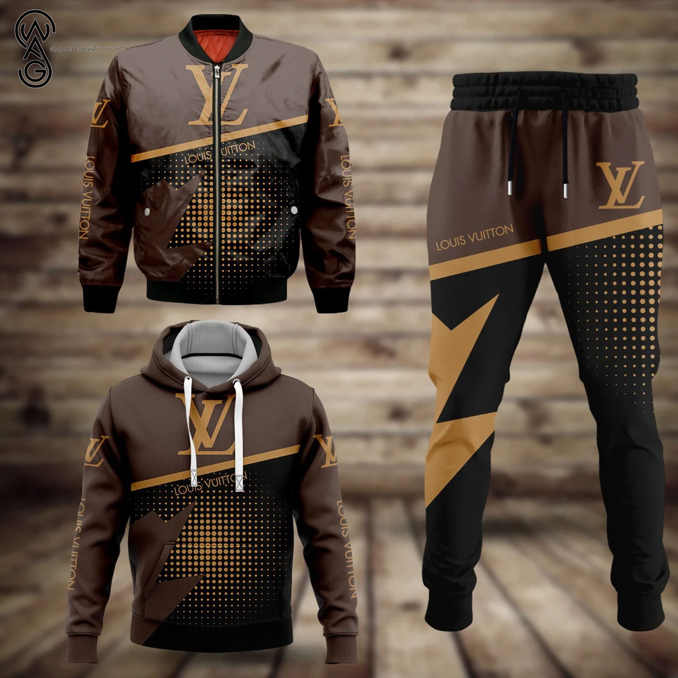 Combo Louis Vuitton Black Gold Version Hoodie Bomber Jacket And Pants Combo Louis Vuitton Black Gold Version Hoodie Bomber Jacket And Pants