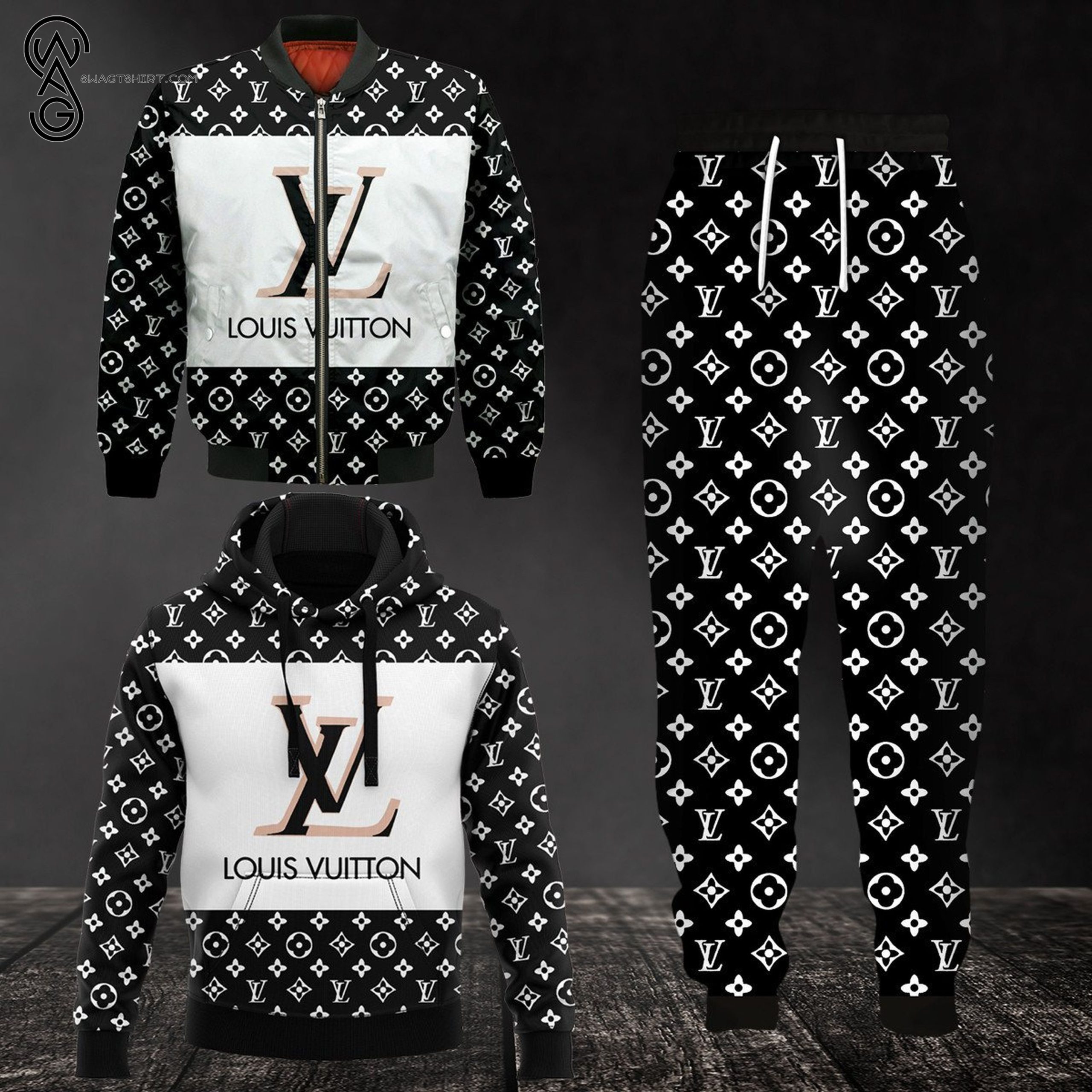 Combo Louis Vuitton Black White Symbol Hoodie Bomber Jacket And Pants Combo Louis Vuitton Black White Symbol Hoodie Bomber Jacket And Pants