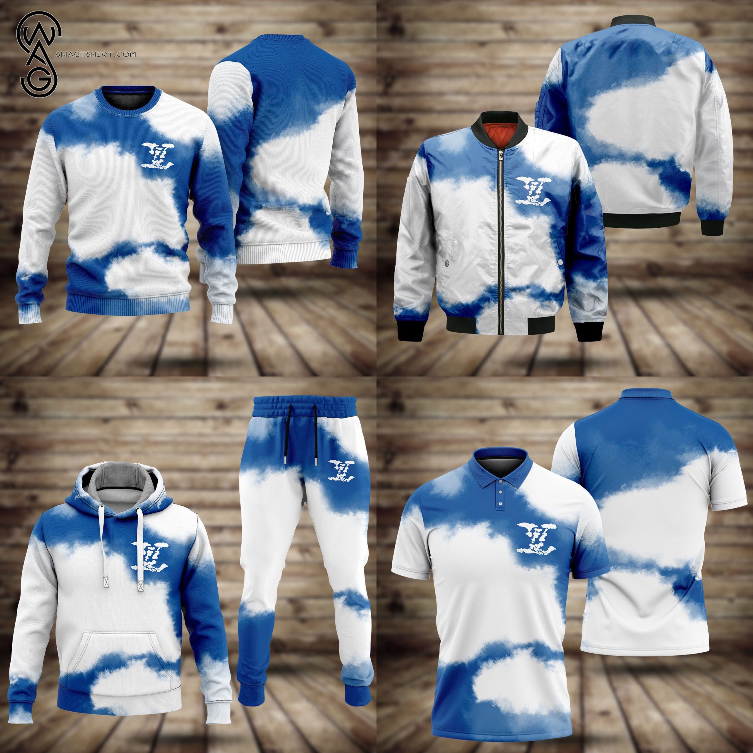 Combo Louis Vuitton Blue Sky Hoodie Bomber Jacket And Pants Combo Louis Vuitton Blue Sky Hoodie Bomber Jacket And Pants