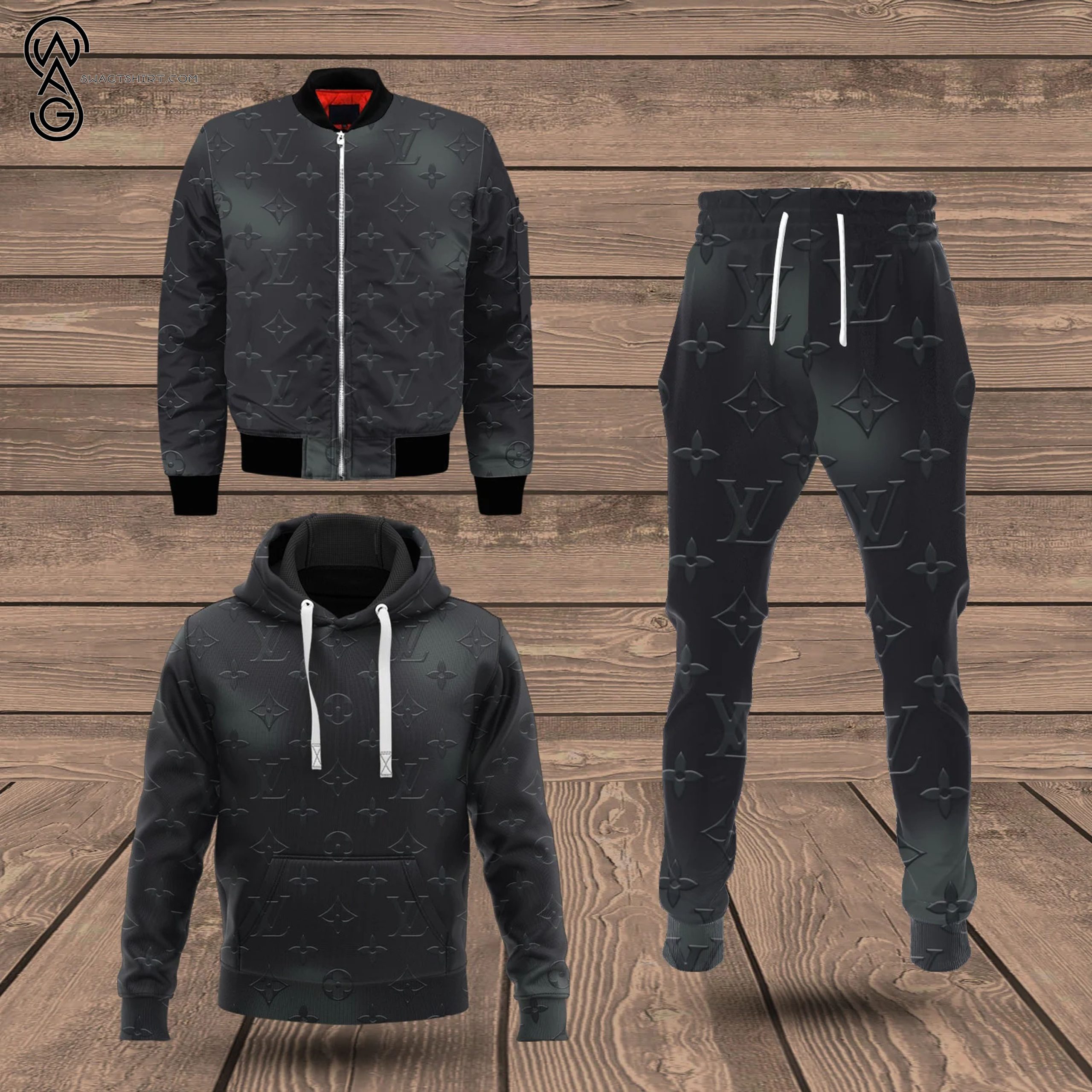 Combo Louis Vuitton Dark Gray Hoodie Bomber Jacket And Pants Combo Louis Vuitton Dark Gray Hoodie Bomber Jacket And Pants