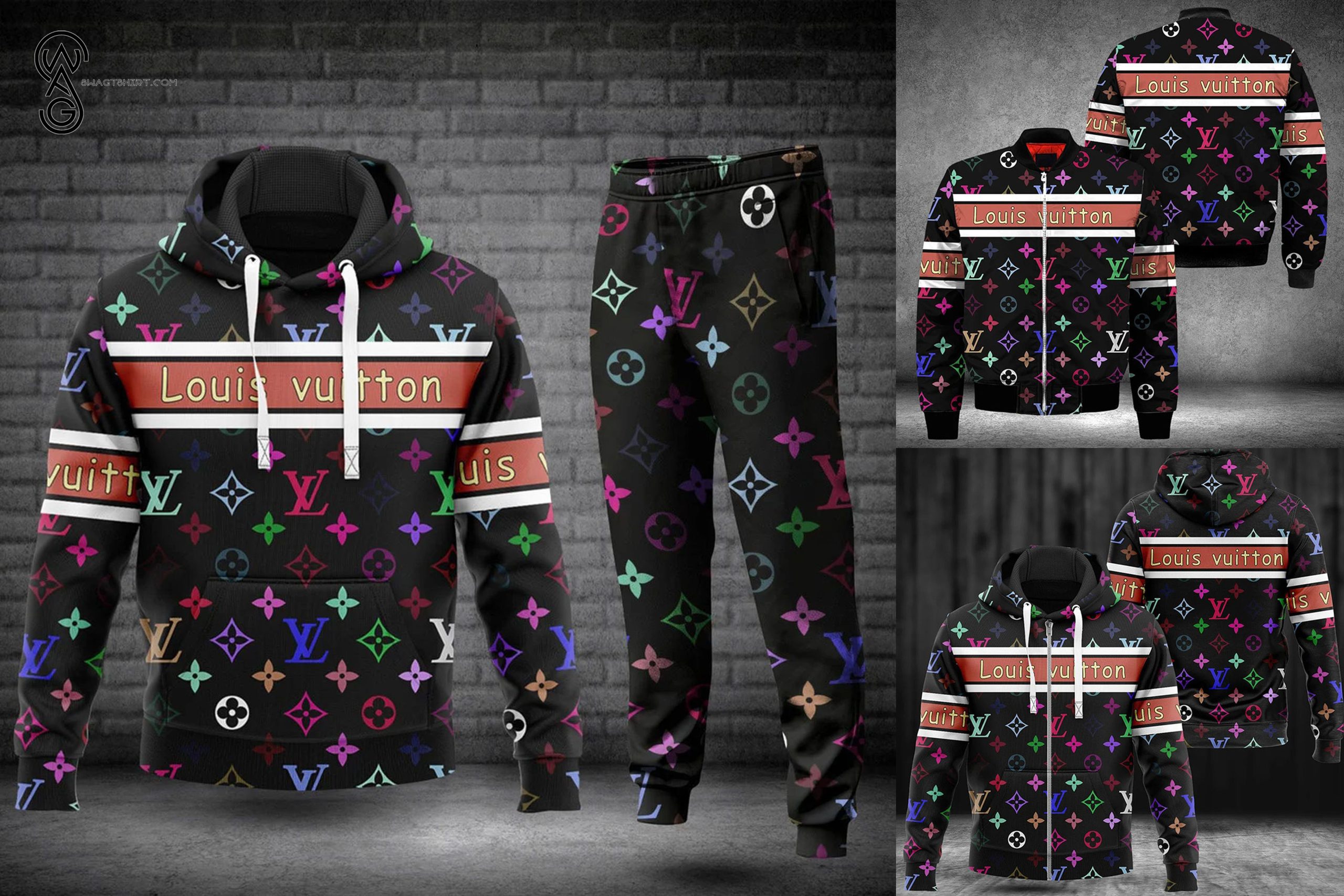 Combo Louis Vuitton Multicolor Hoodie Bomber Jacket And Pants Combo Louis Vuitton Multicolor Hoodie Bomber Jacket And Pants
