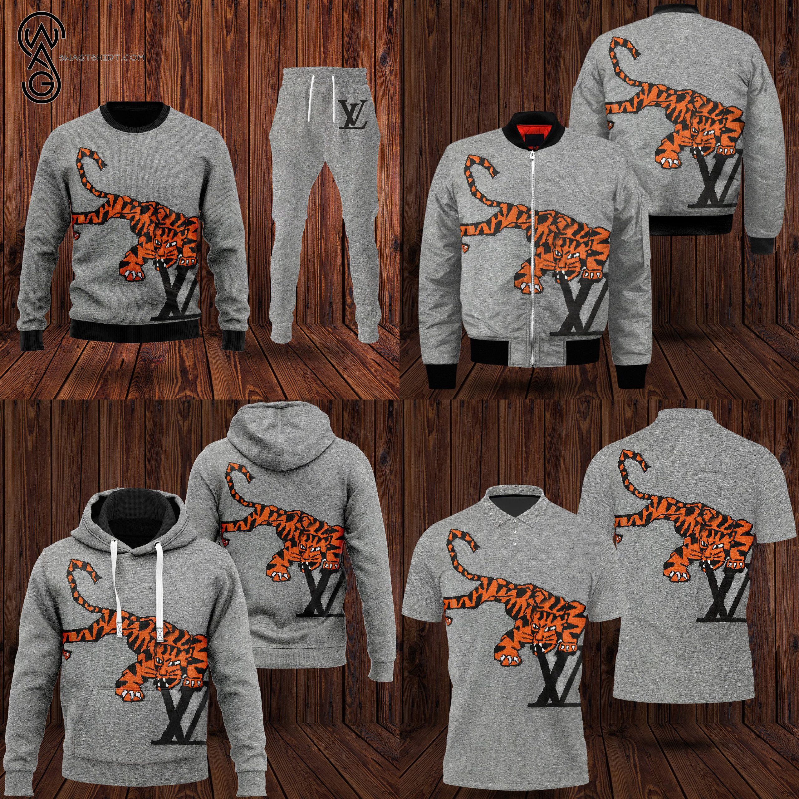 Combo Louis Vuitton Tiger Gray Symbol Hoodie Bomber Jacket And Pants Combo Louis Vuitton Tiger Gray Symbol Hoodie Bomber Jacket And Pants