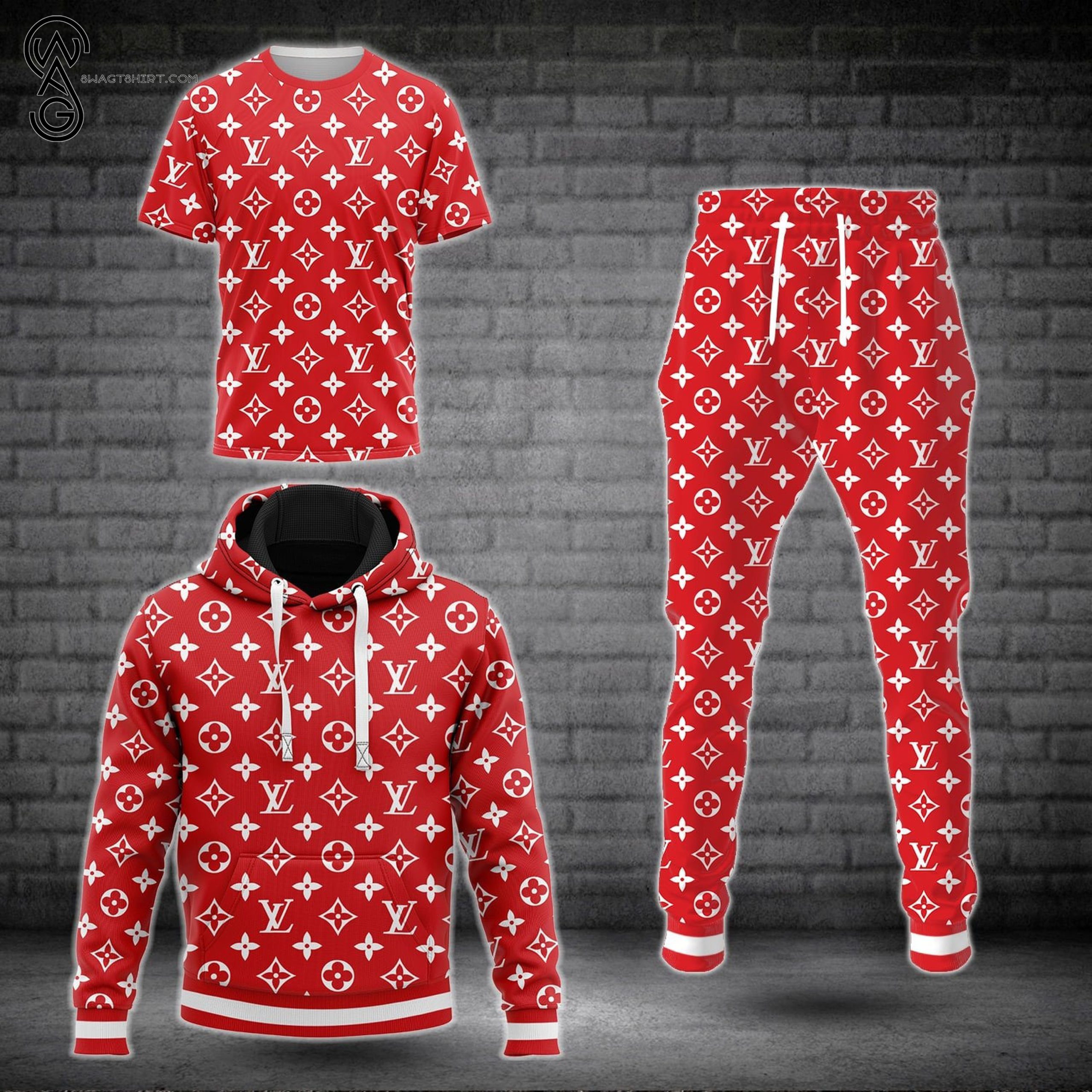 Combo Red Louis Vuitton Classic Logo Hoodie Bomber Jacket And Pants Combo Red Louis Vuitton Classic Logo Hoodie Bomber Jacket And Pants