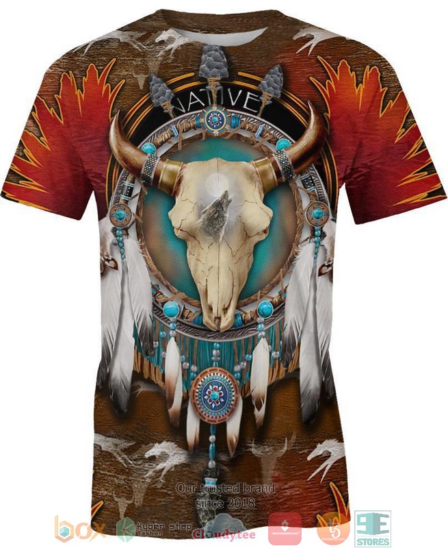 Native-Bison-Skull-Brown-3D-Shirt-Hoodie-3